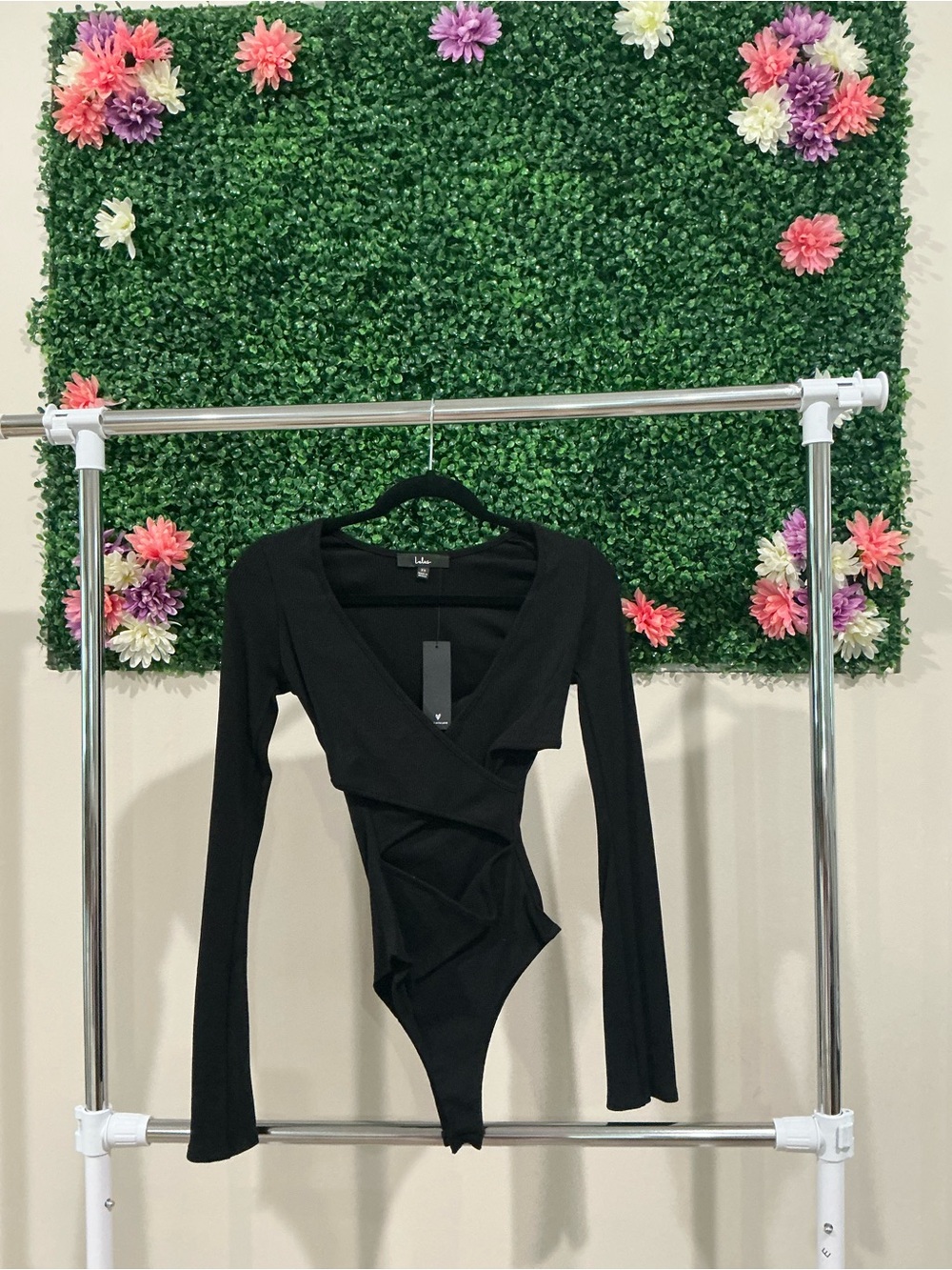 Lulu's Black Long Sleeve Wrap Bodysuit